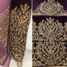 Load image into Gallery viewer, Ravishing Wine Heavy Crystal Gold Stone Beaded Velvet Nigerian George Wrapper Set - VG075