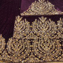 Load image into Gallery viewer, Ravishing Wine Heavy Crystal Gold Stone Beaded Velvet Nigerian George Wrapper Set - VG075