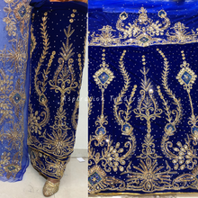 Load image into Gallery viewer, Smoky Royal Blue Trending Beaded Design On Velvet Fabric Nigerian George Wrapper Set - VG078