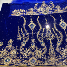 Load image into Gallery viewer, Smoky Royal Blue Trending Beaded Design On Velvet Fabric Nigerian George Wrapper Set - VG078