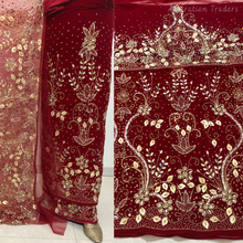 Load image into Gallery viewer, Bold Red with Gold work Designer Velvet Fabric Nigerian George Wrapper Set - VG080