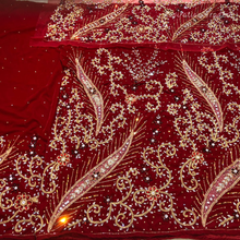 Load image into Gallery viewer, Bright Maroon Heavy Stone Beaded Velvet Fabric Nigerian George Wrapper Set - VG082