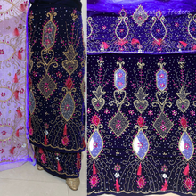 Load image into Gallery viewer, Eye Catching Purple Heavily Beaded with Thread fringes Designer Velvet Fabric Nigerian George Wrapper Set - VG083