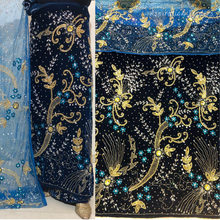 Load image into Gallery viewer, Elegant Turquoise Blue Crystal Stone Beaded Designer Velvet Fabric Nigerian George Wrapper Set - VG085