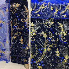 Load image into Gallery viewer, Elegant Turquoise Blue Crystal Stone Beaded Designer Velvet Fabric Nigerian George Wrapper Set - VG085