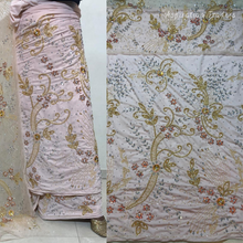 Load image into Gallery viewer, Elegant Turquoise Blue Crystal Stone Beaded Designer Velvet Fabric Nigerian George Wrapper Set - VG085