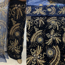 Load image into Gallery viewer, Sober Sky Blue Crystal Stone Beaded Designer Velvet Fabric George Wrapper Set - VG087