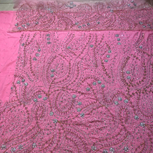 Load image into Gallery viewer, Fushia Pink velvet base with beautiful color Heavy crystal stone Beaded Designer Velvet Fabric George Set - VG108