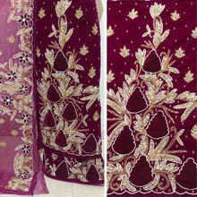Load image into Gallery viewer, Dark Royal Pink velvet base with beautiful color beads stone Beaded Designer Velvet Fabric George Set - VG110