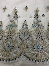 Load image into Gallery viewer, Stunning Golden Silver Green Red EXCLUSIVE Glass Stone work lace fabric applique - AP014