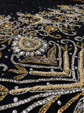 Load image into Gallery viewer, Exclusive Designer Applique Net Lace fabric with Silver Golden Glass Stone Beaded - AP025