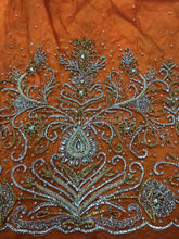 Load image into Gallery viewer, Exclusive Designer Applique Net Lace fabric with Silver Golden Glass Stone Beaded - AP025