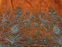 Load image into Gallery viewer, Exclusive Designer Applique Net Lace fabric with Silver Golden Glass Stone Beaded - AP025