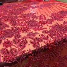 Load image into Gallery viewer, RED color Wtih All red Beads work Designer african net lace Applique Design - AP030