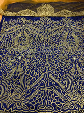 Load image into Gallery viewer, Royal blue Color Silk taffeta VIP George with All Golden Crystal Stone Work with golden blouse - HB177