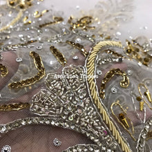 Load image into Gallery viewer, Exclusive Designer Applique Net Lace fabric with Silver Golden Glass Stone Beaded - AP025