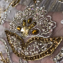 Load image into Gallery viewer, Exclusive Designer Applique Net Lace fabric with Silver Golden Glass Stone Beaded - AP025