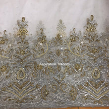 Load image into Gallery viewer, Exclusive Designer Applique Net Lace fabric with Silver Golden Glass Stone Beaded - AP025