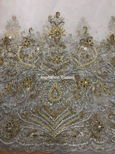 Load image into Gallery viewer, Exclusive Designer Applique Net Lace fabric with Silver Golden Glass Stone Beaded - AP025