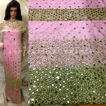 Load image into Gallery viewer, Beautiful Mirror work heavy Beaded Lace Designer George wrapper for wedding - NLDG048