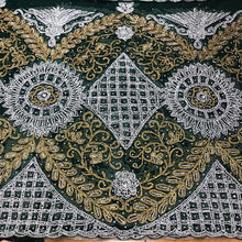 Load image into Gallery viewer, DARK GREEN Beautiful White Gold Stones Beads Net Lace Designer George Set - NLDG054