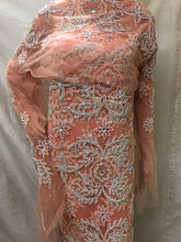 Load image into Gallery viewer, Sweet Peach color White Crystal Stone Beaded Net Lace George wrapper set - NLDG062