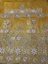 Load image into Gallery viewer, Mustard Yellow Golden NET Lace Hand Work Beaded George Wrapper set - NLDG071