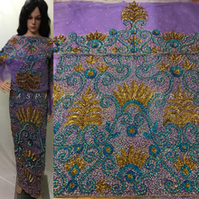 Load image into Gallery viewer, Lilac color fully beaded with sequence beads hand work net george wrapper set - NLDG074