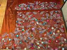 Load image into Gallery viewer, Orange color 3D Flower with French Net Lace Designer fringes George wrapper set - NLDG079