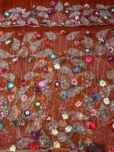 Load image into Gallery viewer, Orange color 3D Flower with French Net Lace Designer fringes George wrapper set - NLDG079