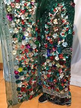 Load image into Gallery viewer, Dark Green Color 3D Flower Fringes NET Designer George Wrapper set - NLDG083