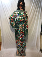 Load image into Gallery viewer, Dark Green Color 3D Flower Fringes NET Designer George Wrapper set - NLDG083
