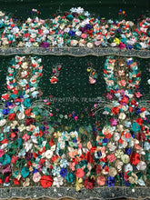 Load image into Gallery viewer, Dark Green Color 3D Flower Fringes NET Designer George Wrapper set - NLDG083