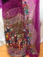 Load image into Gallery viewer, Magenta Net Lace silk taffeta 3D flower Fringes Designer George Wrapper set - NLDG084