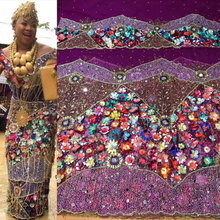 Load image into Gallery viewer, Magenta Net Lace silk taffeta 3D flower Fringes Designer George Wrapper set - NLDG084