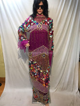 Load image into Gallery viewer, Magenta Net Lace silk taffeta 3D flower Fringes Designer George Wrapper set - NLDG084