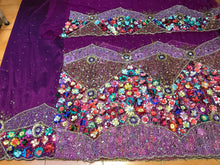 Load image into Gallery viewer, Magenta Net Lace silk taffeta 3D flower Fringes Designer George Wrapper set - NLDG084