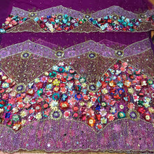 Load image into Gallery viewer, Magenta Net Lace silk taffeta 3D flower Fringes Designer George Wrapper set - NLDG084