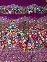 Load image into Gallery viewer, Magenta Net Lace silk taffeta 3D flower Fringes Designer George Wrapper set - NLDG084