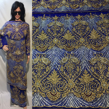 Load image into Gallery viewer, ROYAL BLUE Heavily Beaded NET LACE Designer George Wrapper - NLDG089