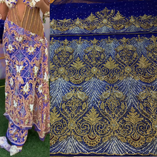 Load image into Gallery viewer, ROYAL BLUE Heavily Beaded NET LACE Designer George Wrapper - NLDG089