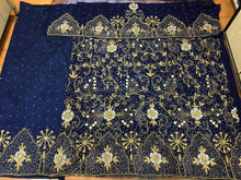 Load image into Gallery viewer, Navy Blue Fully stone beaded Net Lace Designer George wrapper Set - NLDG103