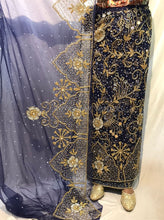 Load image into Gallery viewer, Navy Blue Fully stone beaded Net Lace Designer George wrapper Set - NLDG103