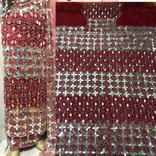 Load image into Gallery viewer, Wine color Beautiful Glass mirror work Net fabric African George Wrapper Set- NLDG118
