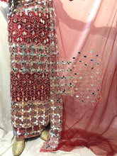 Load image into Gallery viewer, Wine color Beautiful Glass mirror work Net fabric African George Wrapper Set- NLDG118