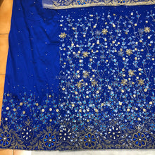 Load image into Gallery viewer, Latest Trending Royal Blue Net fabric Shiny Stone Beaded George wrapper with Gold Blouse - NLDG133