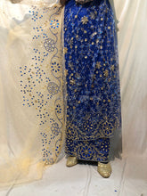 Load image into Gallery viewer, Latest Trending Royal Blue Net fabric Shiny Stone Beaded George wrapper with Gold Blouse - NLDG133