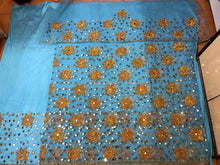 Load image into Gallery viewer, Sky blue Silk Taffeta fabric with golden stone work George fabric set - NLDG134