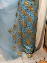 Load image into Gallery viewer, Sky blue Silk Taffeta fabric with golden stone work George fabric set - NLDG134