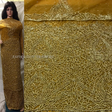 Load image into Gallery viewer, Mustard Gold Color Net lace VIP George with All Golden Crystal Stone Work - NLVG086